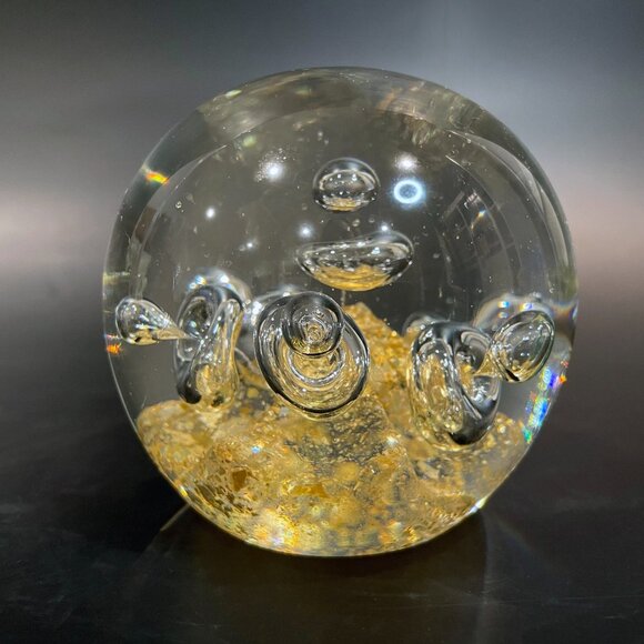 Vintage Glass Paperweight Clear Controlled Bubbles Gold Flecks 4"x4"x4" Da Vinci - Picture 3 of 6